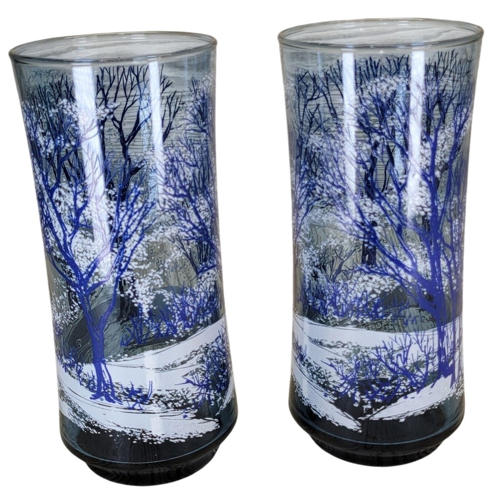 D Cheviot Highball Glasses Set of 2 Blue Winter Woods Snow Scene Signed